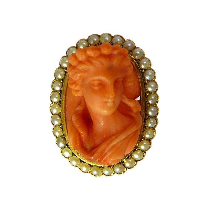 Victorian coral and seed pearl cameo brooch