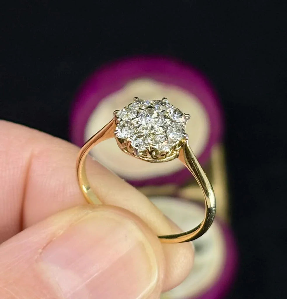 a side view showcasing the intricate 18ct yellow gold gallery of the flower cluster ring