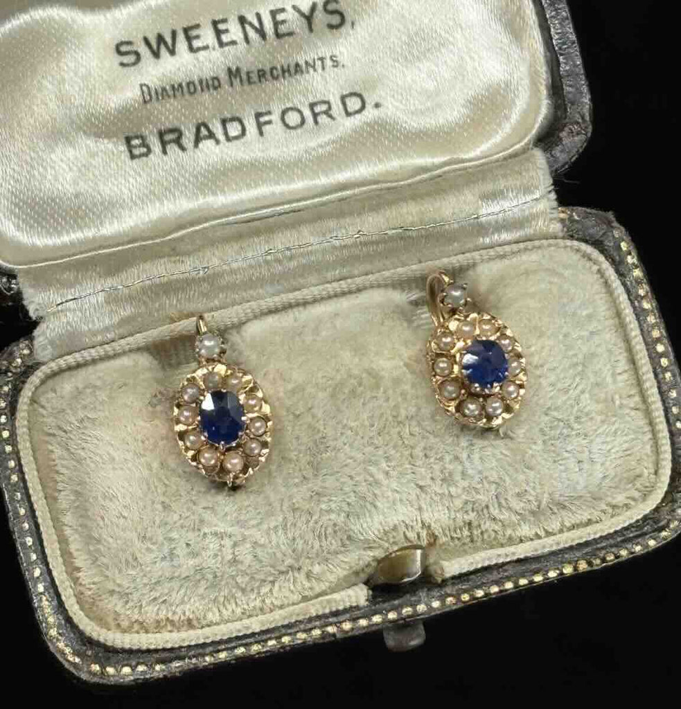 18ct yellow gold Victorian sapphire and pearl halo earrings, royal blue sapphires (0.28ct each) set with natural seed pearls, elegant late Victorian design.