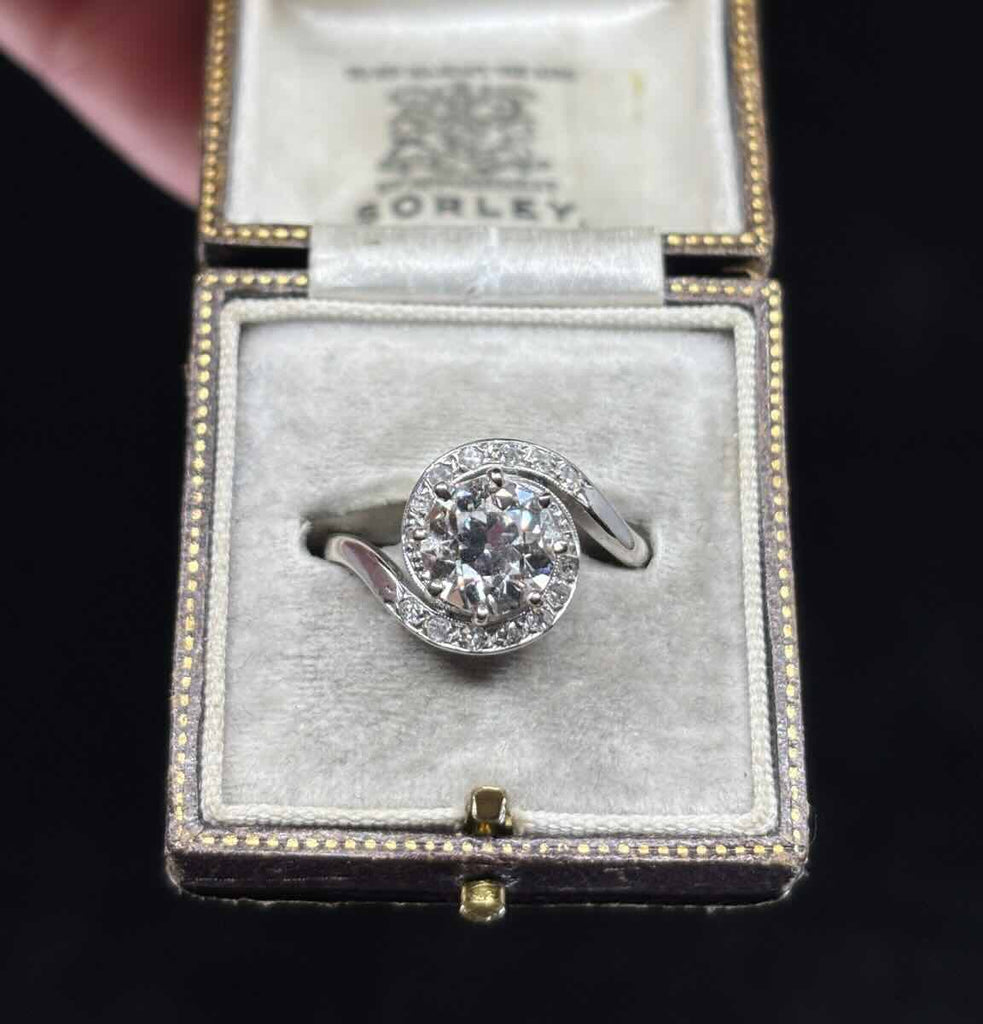 1920s antique diamond engagement ring, handmade 18ct white gold crossover mount with Old European centre diamond and single-cut accents