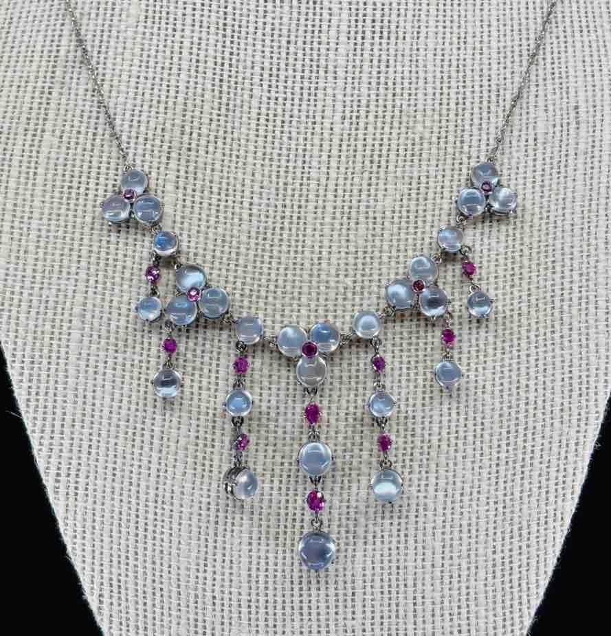 1920s moonstone and ruby fringe necklace in sterling silver, exemplifying vintage Art Deco style.