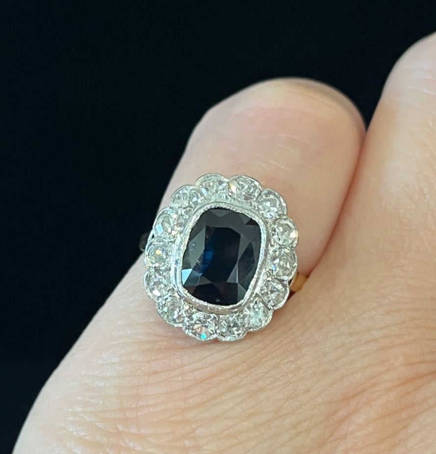 1920s_Cushion_Cut_Sapphire_and_Diamond_Cluster_Ring