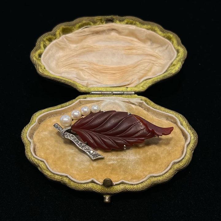 1930s Austrian Carnelian Diamond & Pearl Brooch - Irene Byrne & Co