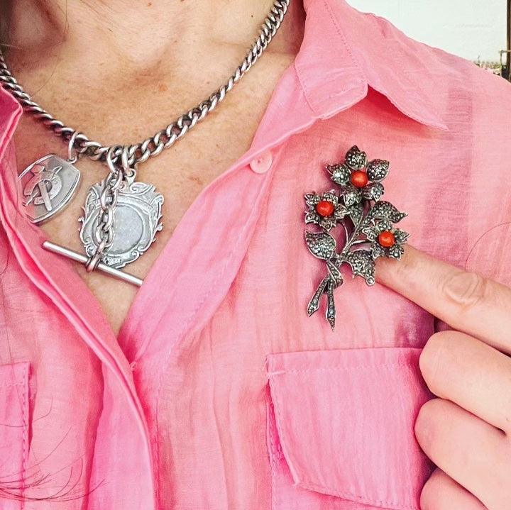 1930s_coral_marcasite_flower_brooch