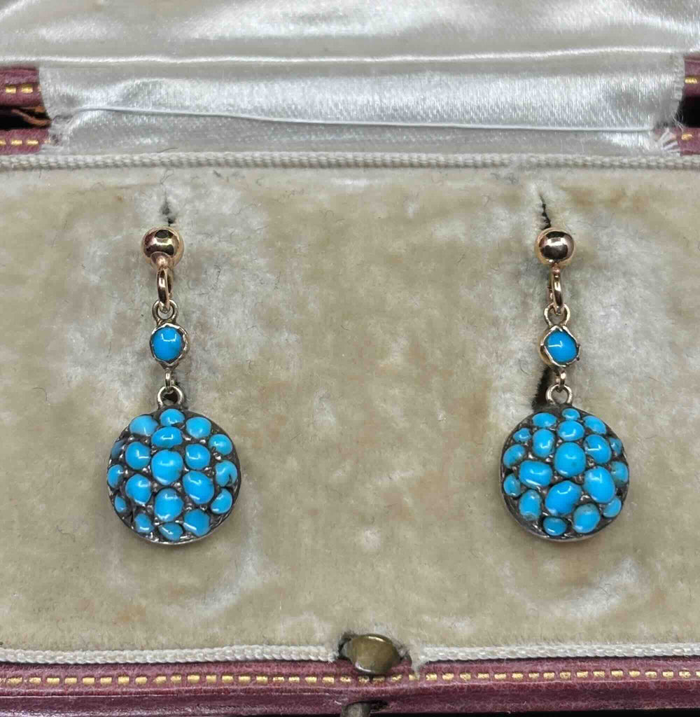 Victorian rose gold turquoise earrings, front view