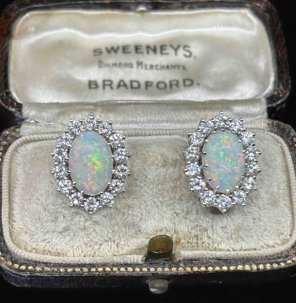 Austrian 1960s solid opal and diamond earrings, front view
