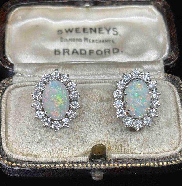 Austrian 1960s solid opal and diamond earrings, front view