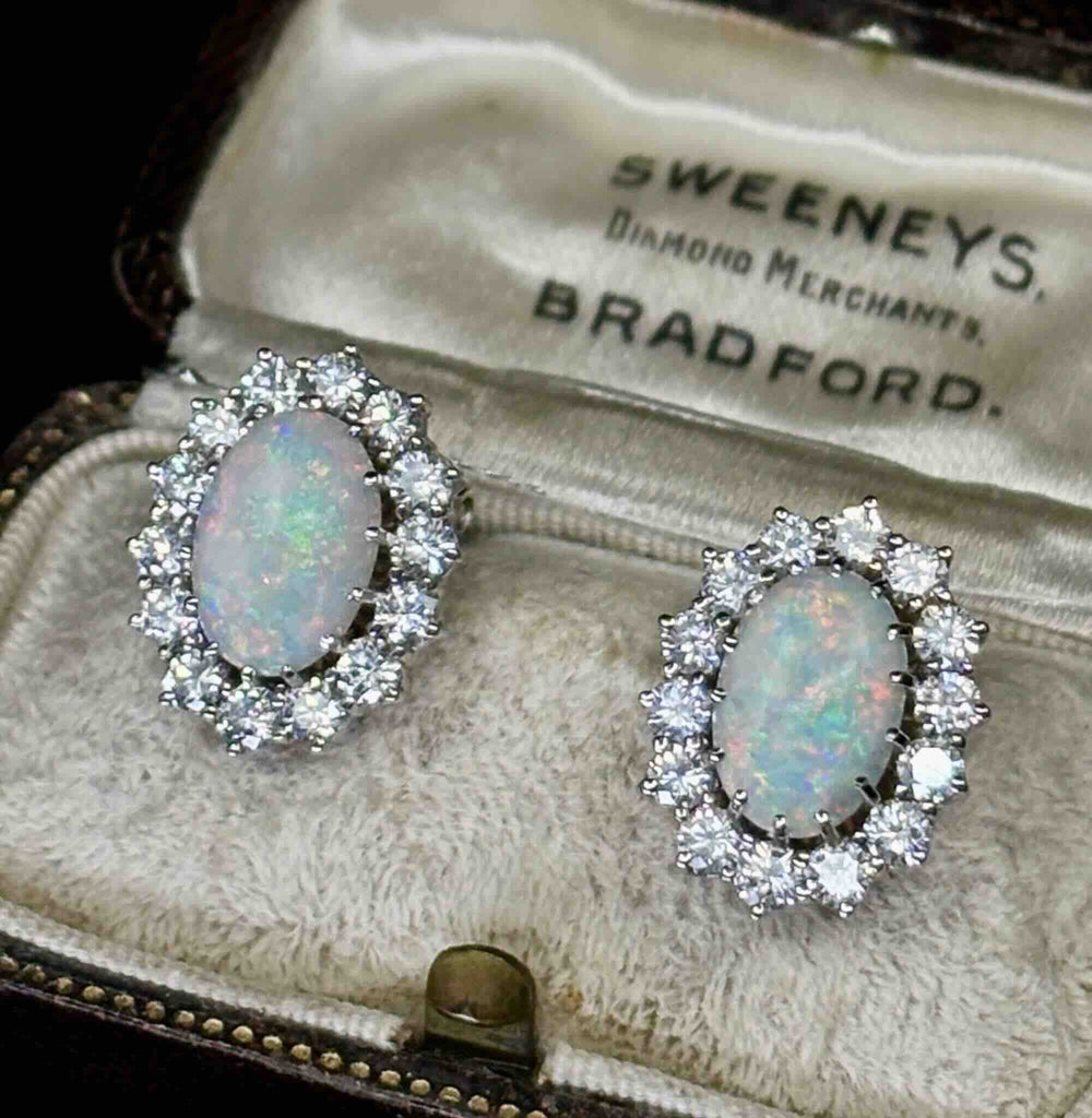 Detail of solid opals and diamonds in Austrian 1960s earrings