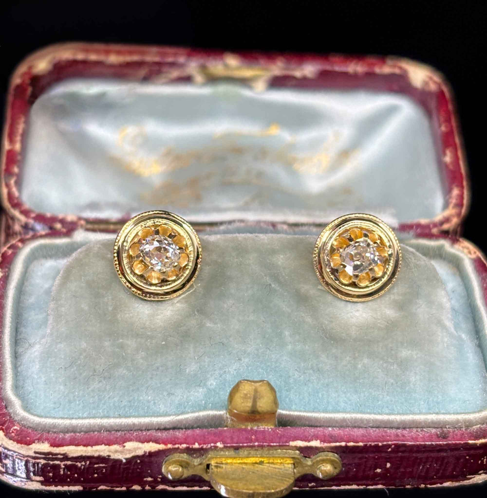 18ct gold old mine cut diamond earrings, front view