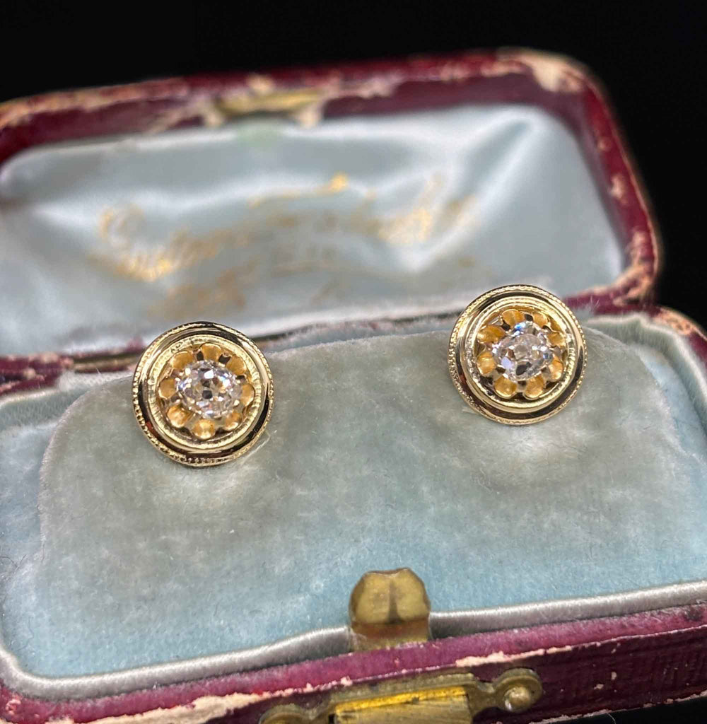 18ct gold old mine cut diamond earrings, angled detail view