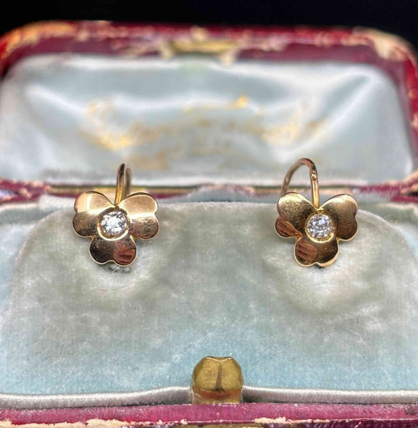 Edwardian 15ct trefoil diamond earrings, front view