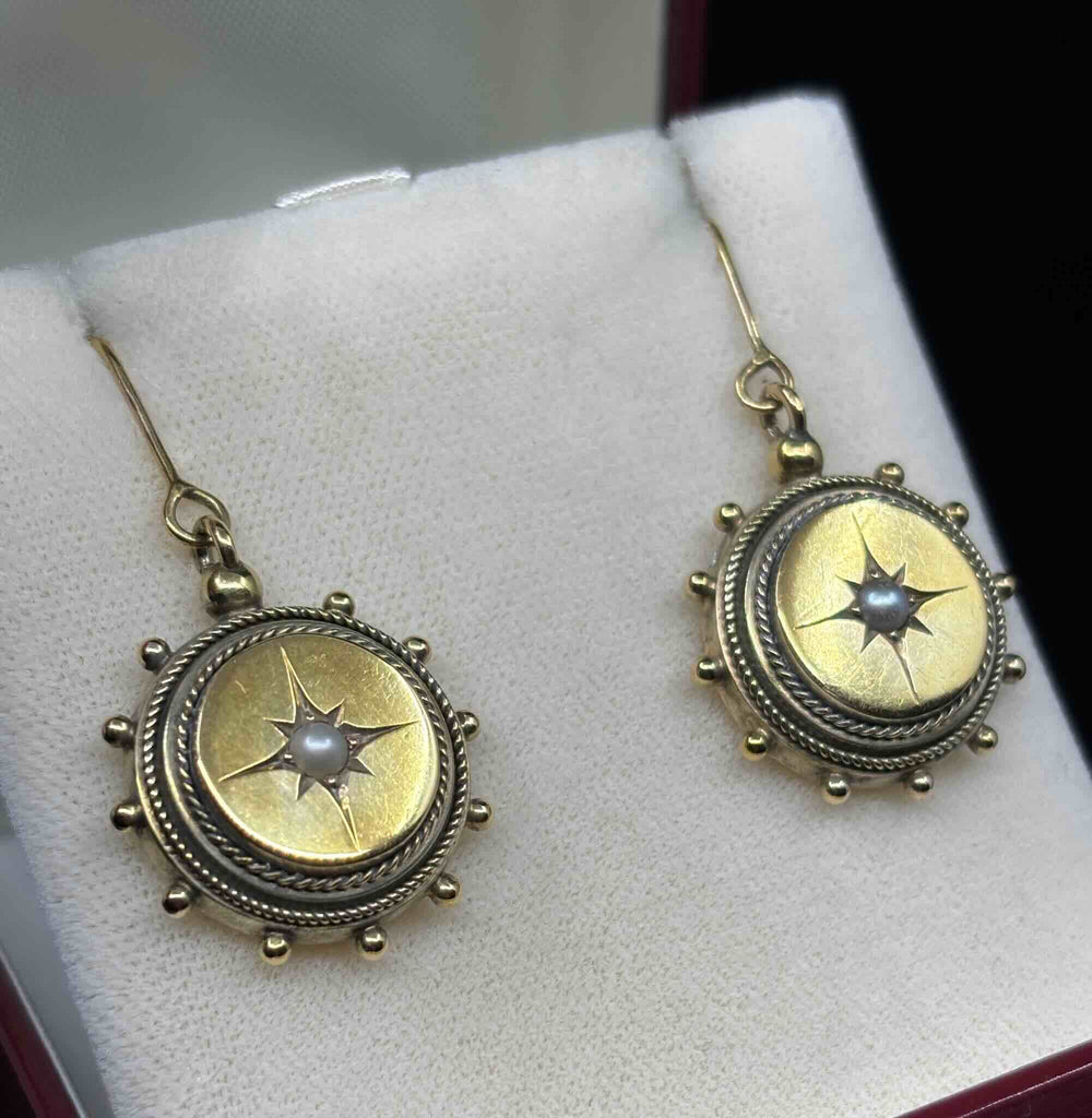 Close-up detail of Victorian 15ct gold starburst earrings