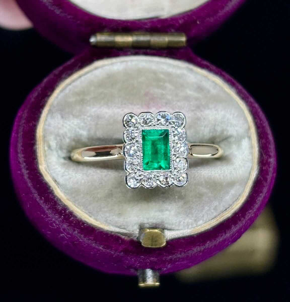 1930s Colombian emerald baguette bezel set in platinum on 18ct yellow gold.