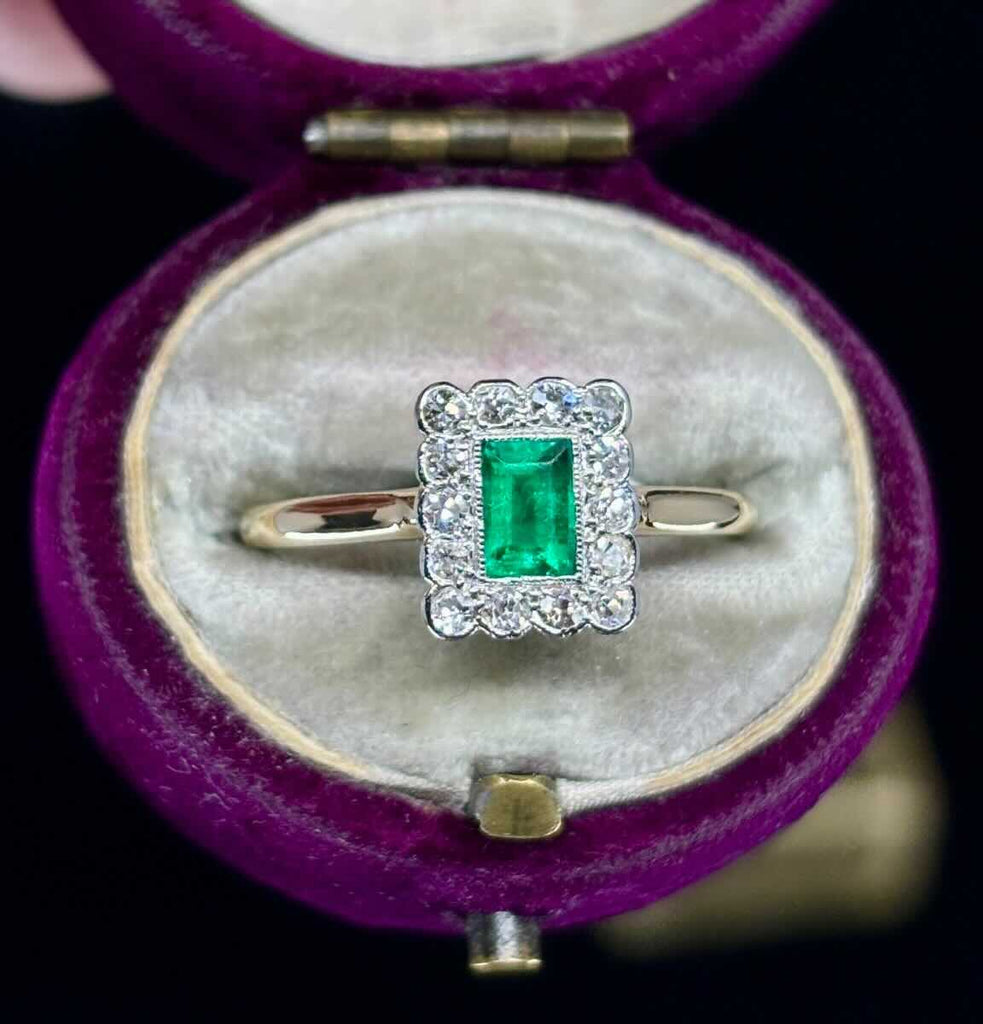 1930s Colombian emerald baguette bezel set in platinum on 18ct yellow gold.