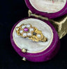 Gold ring with pearls and a ruby and pearl gemstones in an antique, open purple ring box.