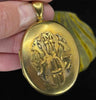 Antique Victorian 18ct yellow gold locket revealing up close detailing of the unique saw pierced monogram of four letters A W R C