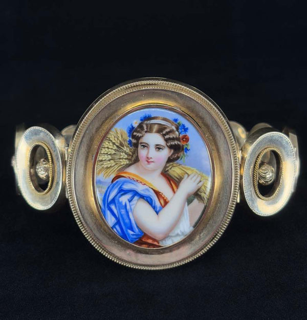 Victorian 15ct Gold Bracelet with Portrait of Lady and Wheatsheaf