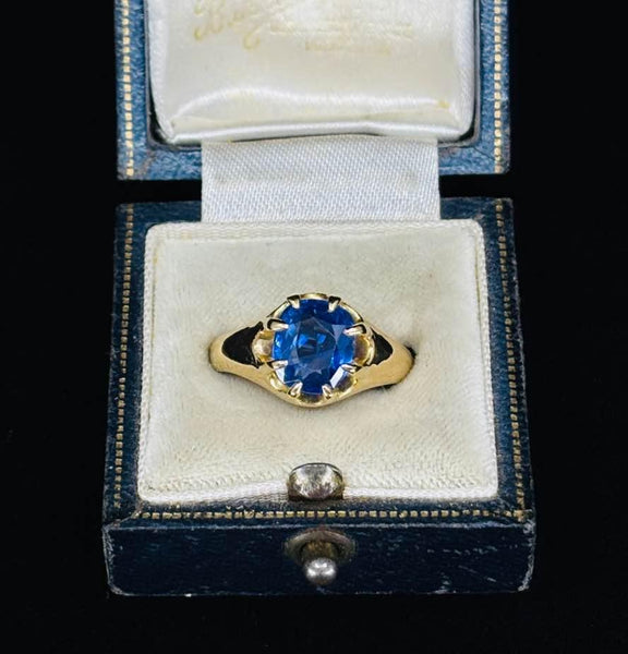 A very large 3.18ct untreated natural oval Ceylon Sapphire in a gypsy ring setting from Birmingham 1899.