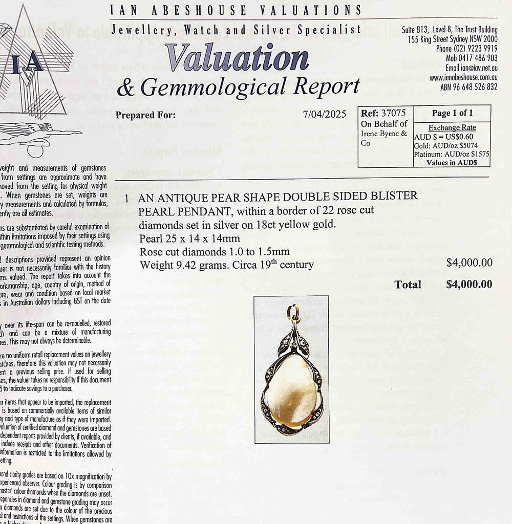 A scanned Valuation & Gemmological Report page from Ian Abeshouse Valuations, featuring a detailed description and price for an antique pear-shaped double-sided blister pearl pendant. The page includes a photograph of the silver and 18ct yellow gold pendant.