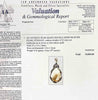 A scanned Valuation & Gemmological Report page from Ian Abeshouse Valuations, featuring a detailed description and price for an antique pear-shaped double-sided blister pearl pendant. The page includes a photograph of the silver and 18ct yellow gold pendant.