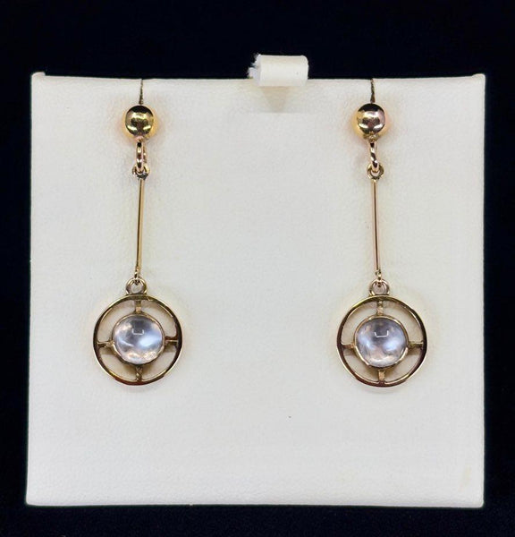 1920s Art Deco moonstone drop earrings, handmade in 9ct yellow gold, featuring round moonstones set in a delicate design.