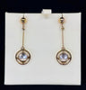 1920s Art Deco moonstone drop earrings, handmade in 9ct yellow gold, featuring round moonstones set in a delicate design.