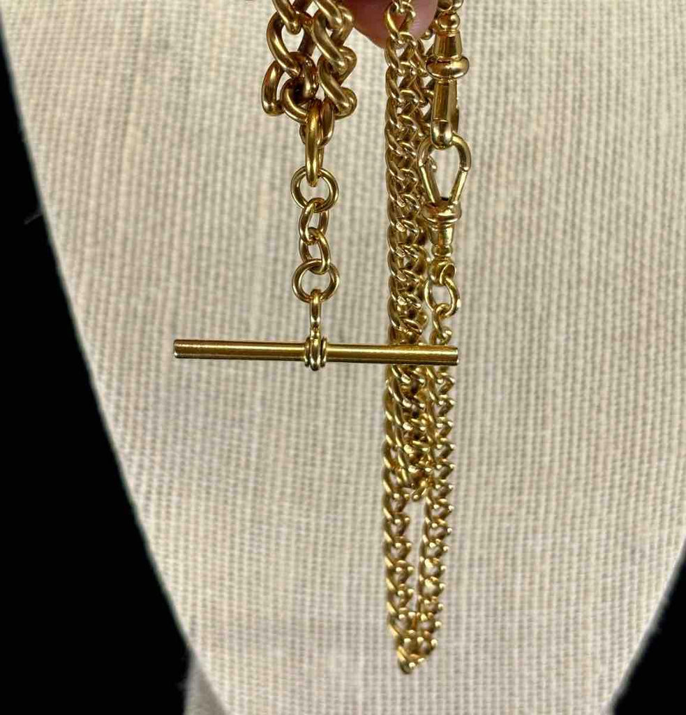 Exquisite Edwardian 18ct gold Albert chain featuring a T-bar and swivel clasps.