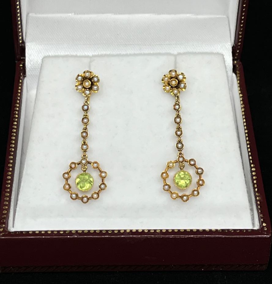 Edwardian-Peridot-and-Pearl-Drop-Earrings