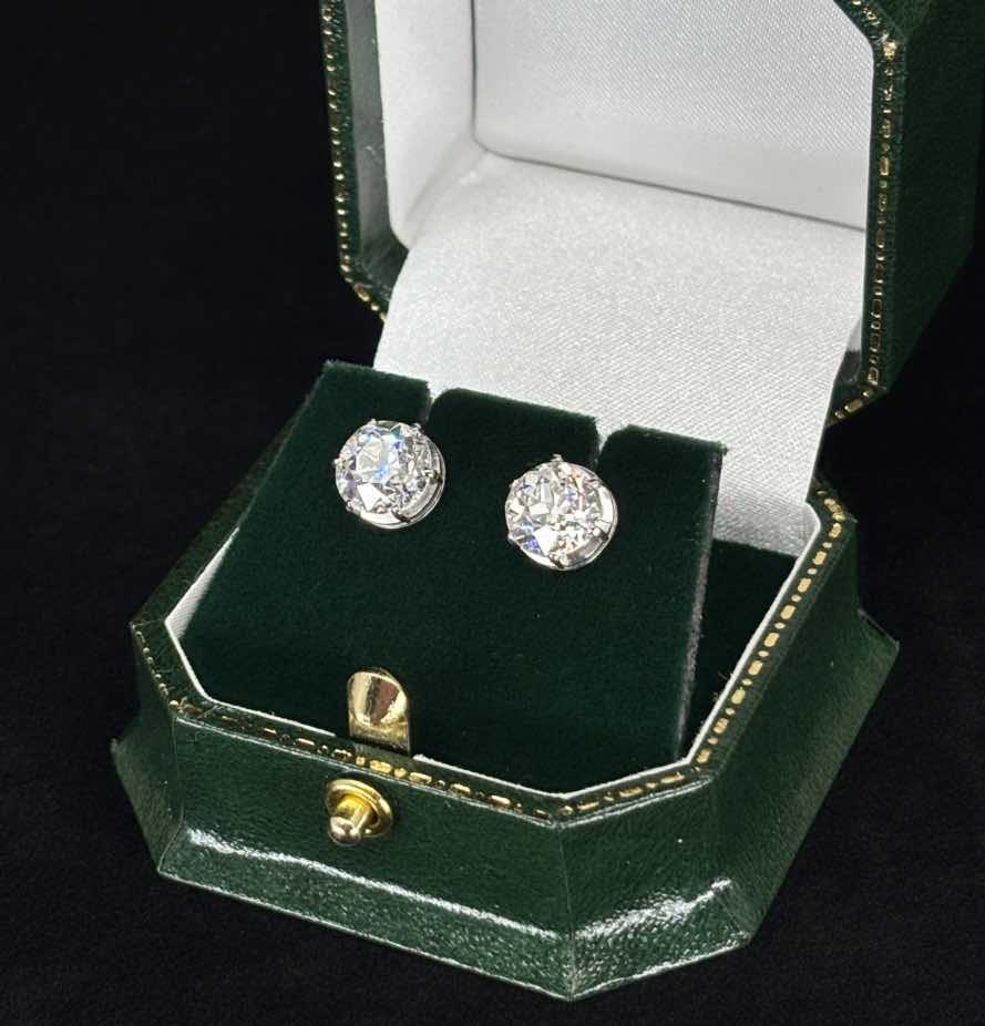 The Elegant Antique Diamond Stud Earrings total 4.20ct in weight with showcasing the Old European Cut from the 1920s