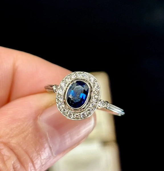 Handmade Vintage Sapphire Ring with 1950s Design and Diamond Accents.