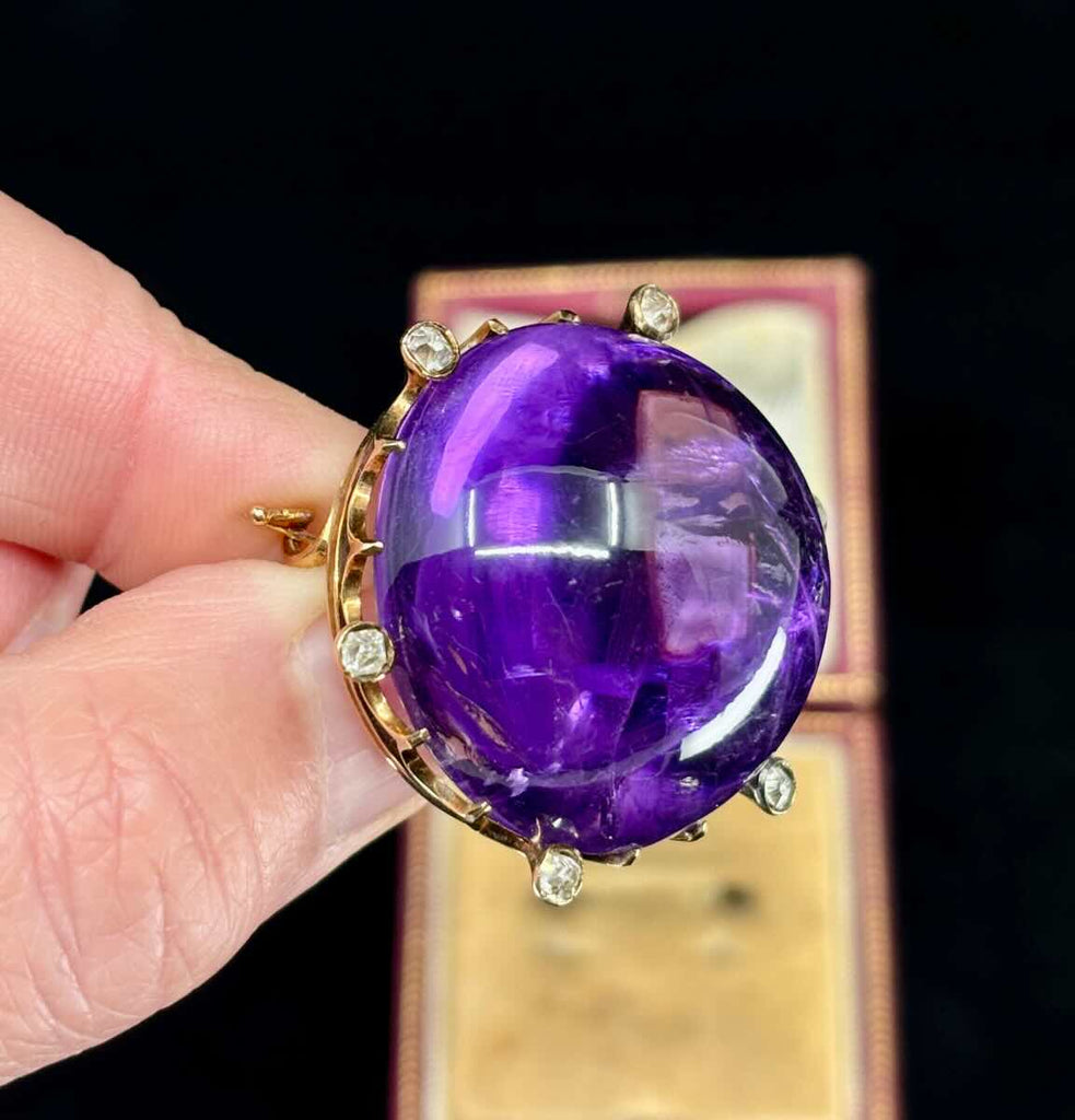 Historical Russian jewelry piece: an amethyst brooch with diamonds from 1890.