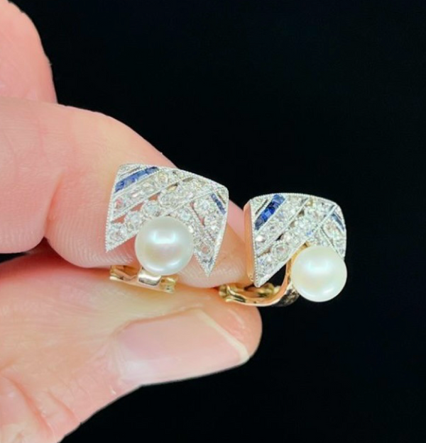 Vintage 1940s Sapphire, Diamond & Pearl Earrings