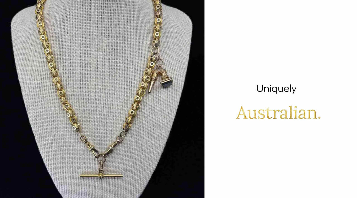 Uniquely Australian antique Australian Albert Chain and T-ar in 15ct Yellow Gold by Rosenthal, Aronson & Co
