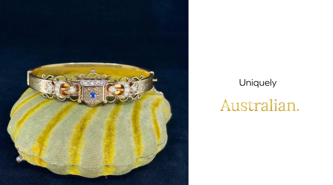 Uniquely Australian Willis and Sons Diamond pearl and sapphire bangle in 15ct yellow gold