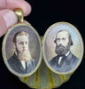 A daguerreotype of Two gentlemen, painted with precision and held securely behind the locket with the original glass.