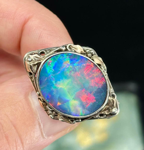 Vintage Rhoda Wager opal brooch from circa 1930, highlighting unique Australian craftsmanship and design.