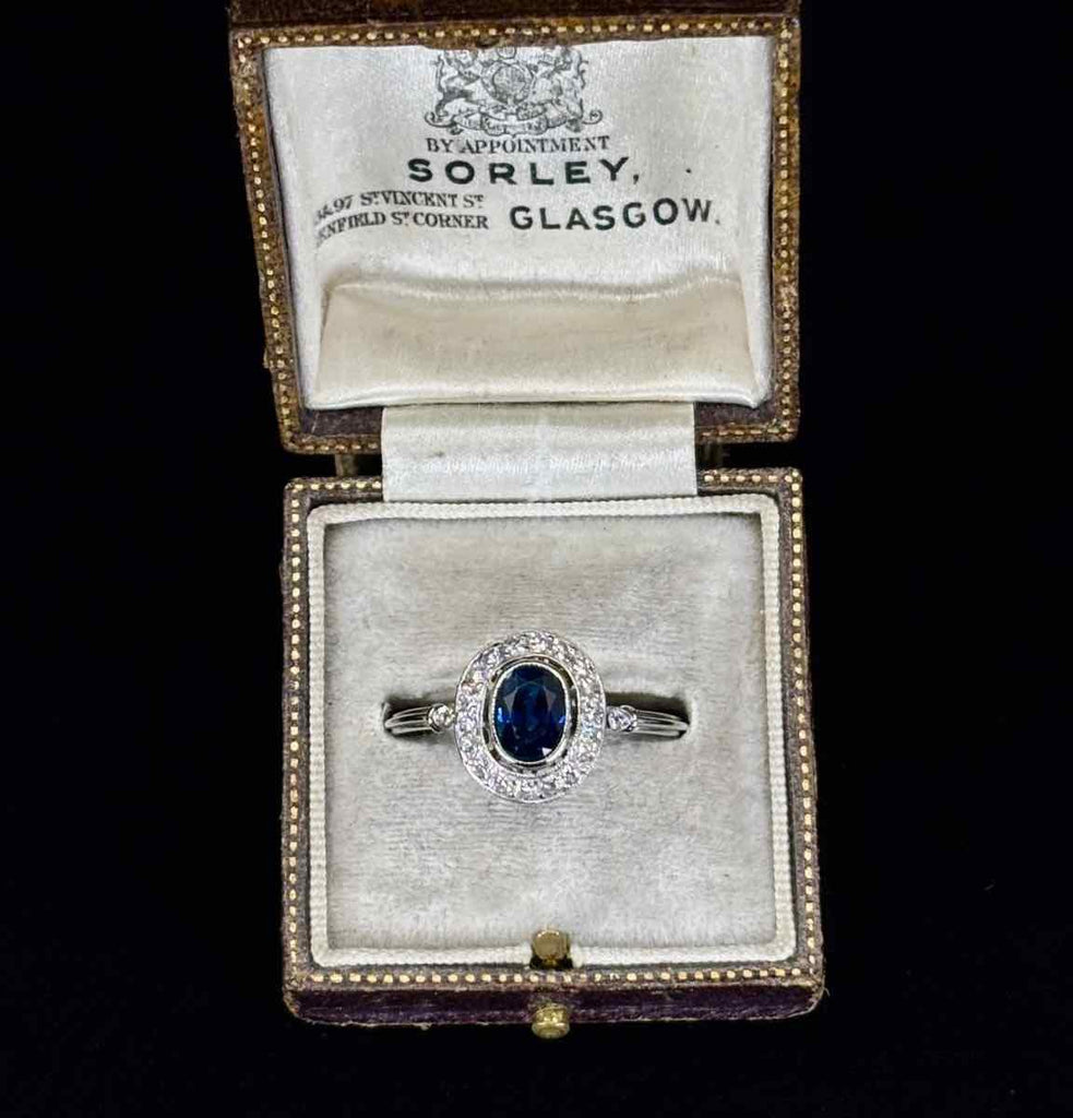 Vintage 1950s Sapphire and Diamond Platinum Ring with Unique Cluster Design