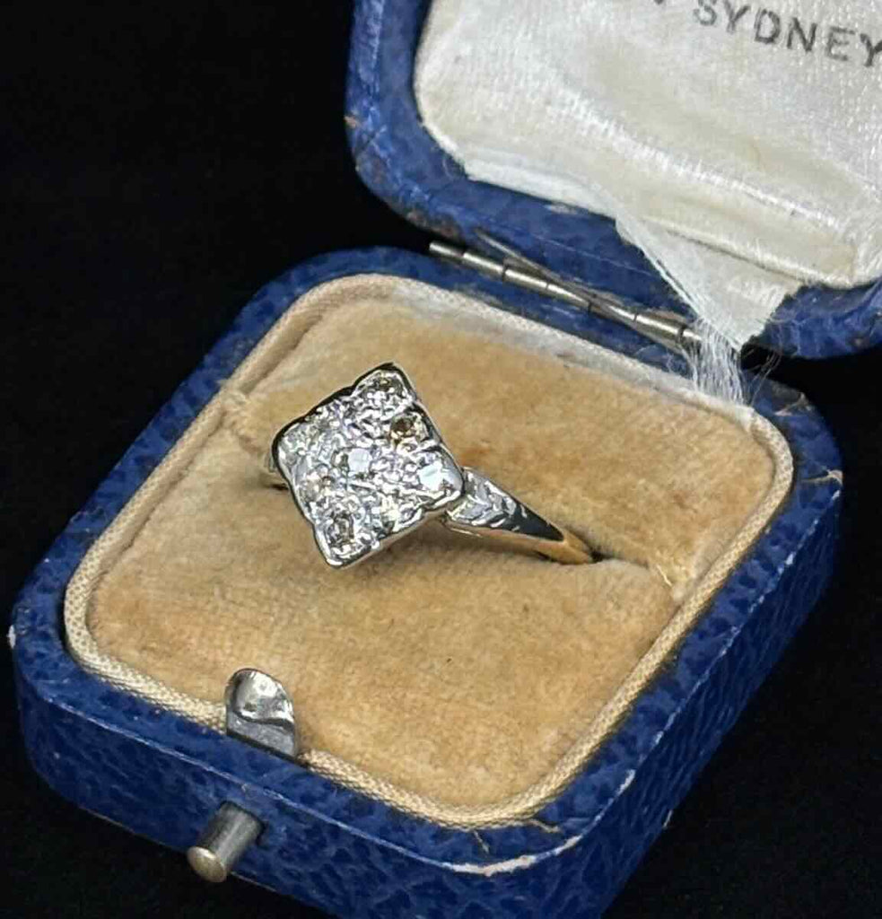 Antique 1920s Old European Cut Diamond Cluster Ring showcasing intricate design and vintage charm.