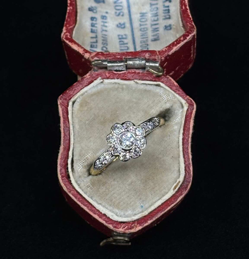  Antique 1920s posy cluster ring close-up of nine-stone Old European cut diamond cluster totaling 0.45ct.