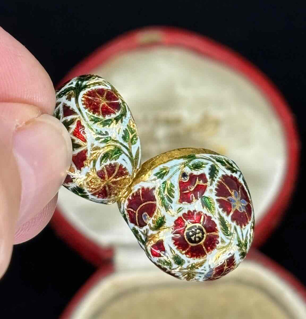 Antique Victorian mango-shaped enamel pomander pendant in 22ct yellow gold with red, white, green floral enamel.