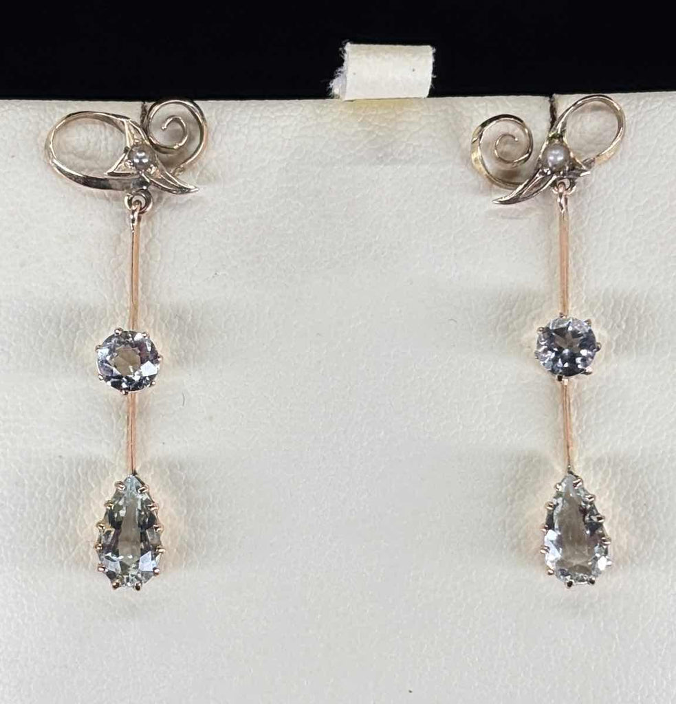 Antique Edwardian earrings featuring aquamarine and pearls set in 9ct yellow gold.