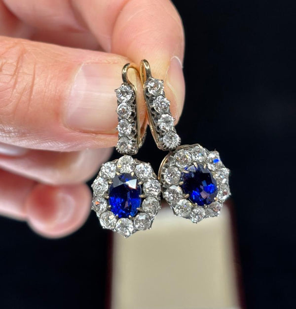 Antique Austro-Hungarian earrings with 4.05ct Ceylon sapphires and 2.40ct old mine cut diamonds, crafted by Faberge jeweller Erik August Kollin.
