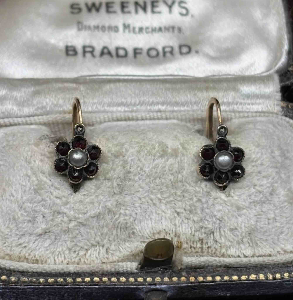Pair of antique daisy cluster pearl earrings circa 1880 shown in a jewellery box