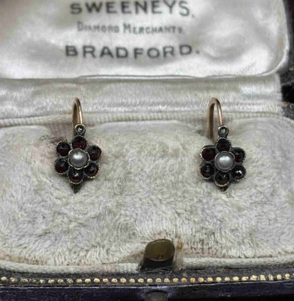 Pair of antique daisy cluster pearl earrings circa 1880 shown in a jewellery box