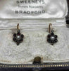 Pair of antique daisy cluster pearl earrings circa 1880 shown in a jewellery box