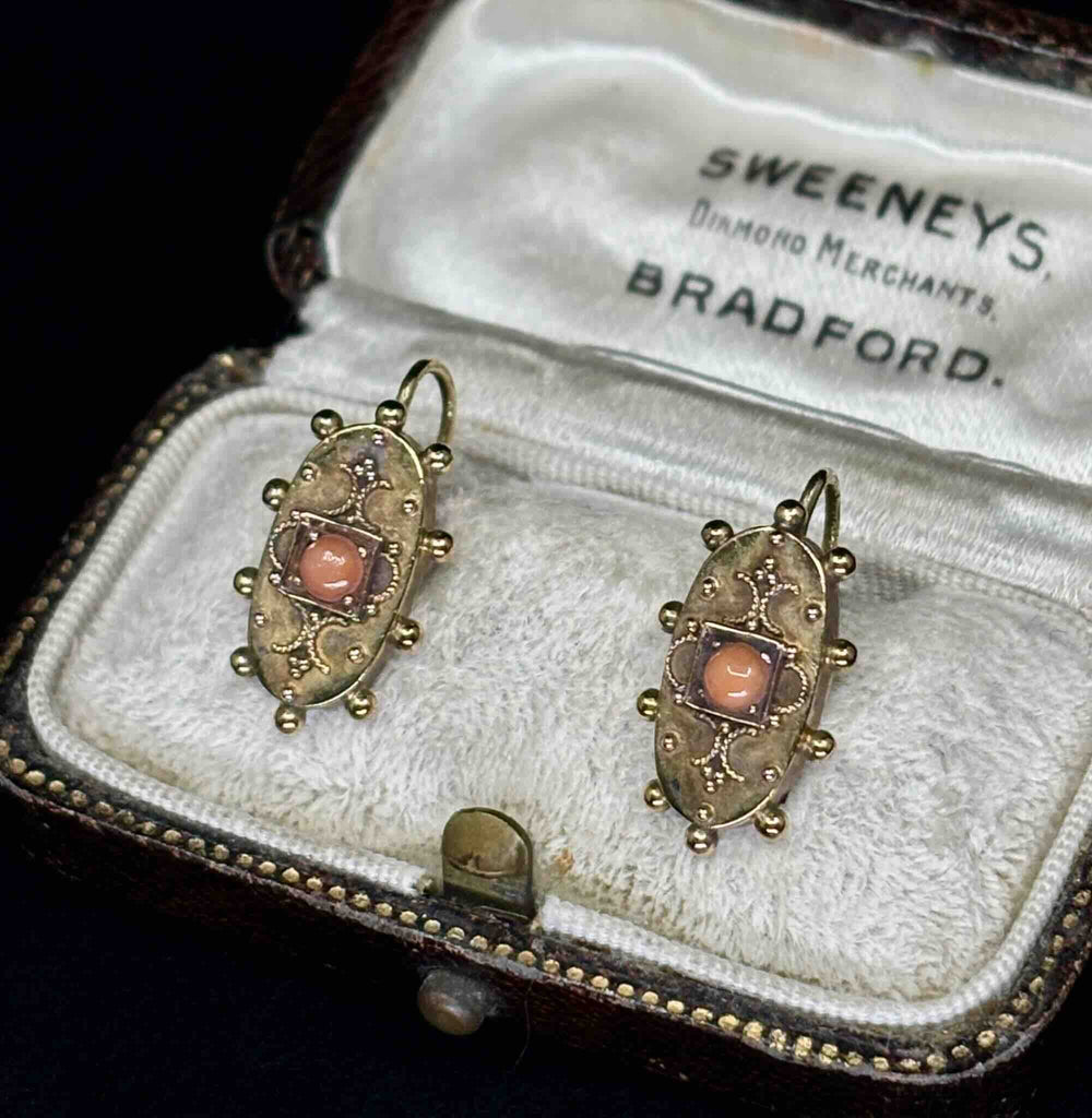 Antique Victorian gold coral earrings circa 1870 shown in full oval shield design