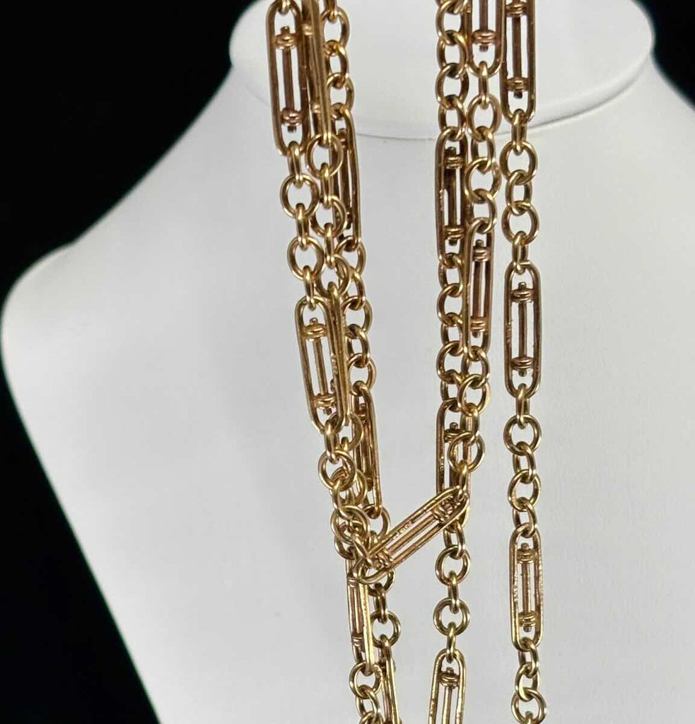 antique guard chain, 9ct yellow gold with rare link design and intact clasp — wearable antique for modern styling.