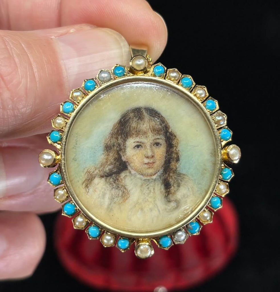 Antique Victorian 15ct yellow gold portrait miniature locket with hand-painted ivory miniature, turquoise cabochons and natural half-pearls — Duggin, Shappere & Co., Melbourne, c.1898.