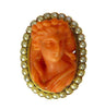 Antique Victorian hand‑carved coral cameo brooch with natural pearls in 15ct yellow gold, detailed maiden relief.