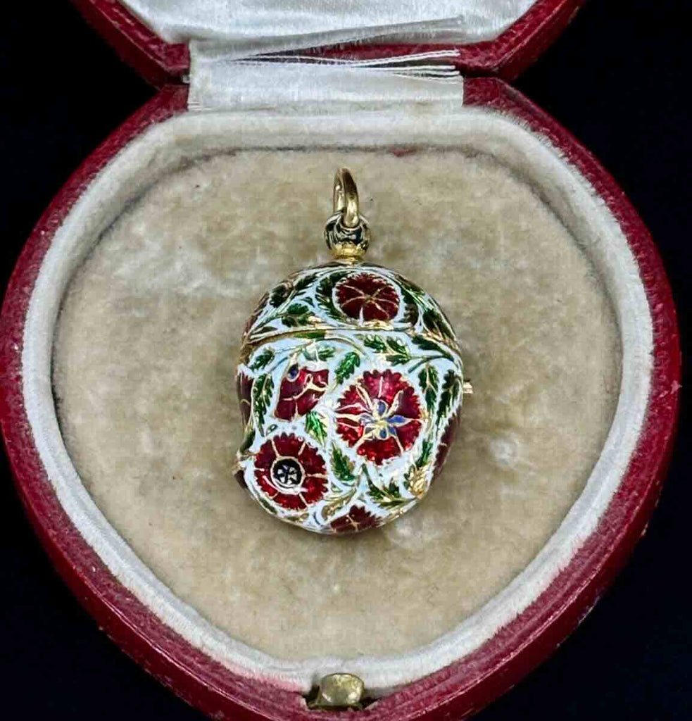 Antique Victorian mango-shaped enamel pomander pendant in 22ct yellow gold with red, white, green floral enamel.